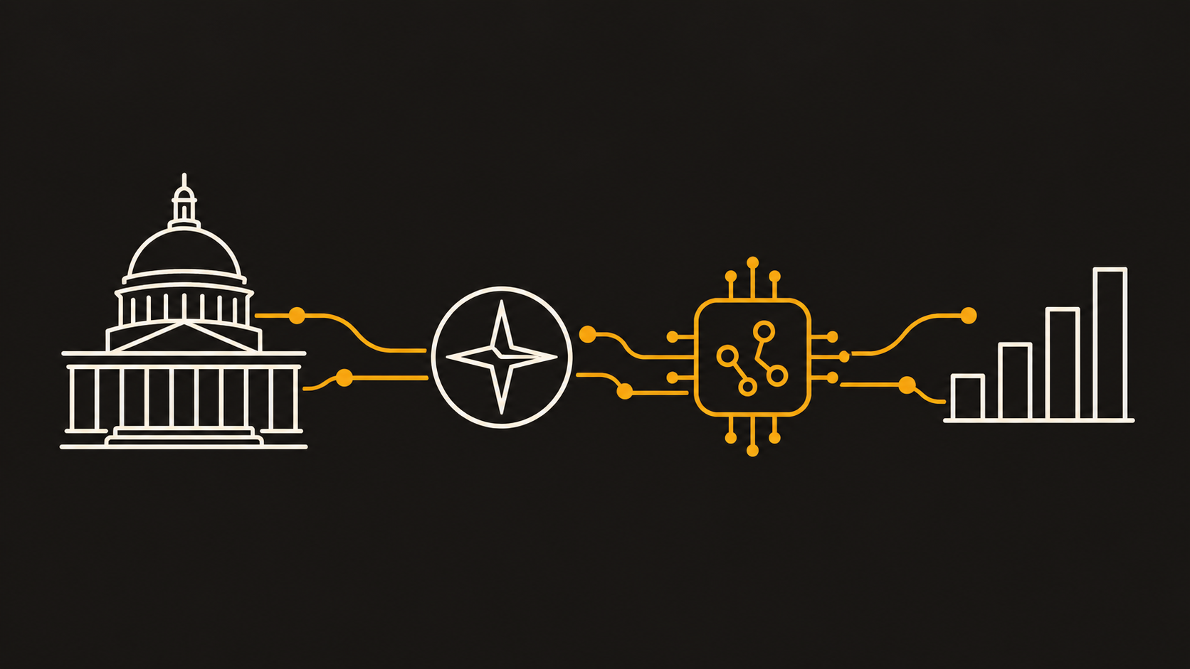 Illustration of GovSight: a municipal capitol building connects through Navi and Mantis, GovSight's scenario-planning and AI co-pilot modules, into a rising financial chart