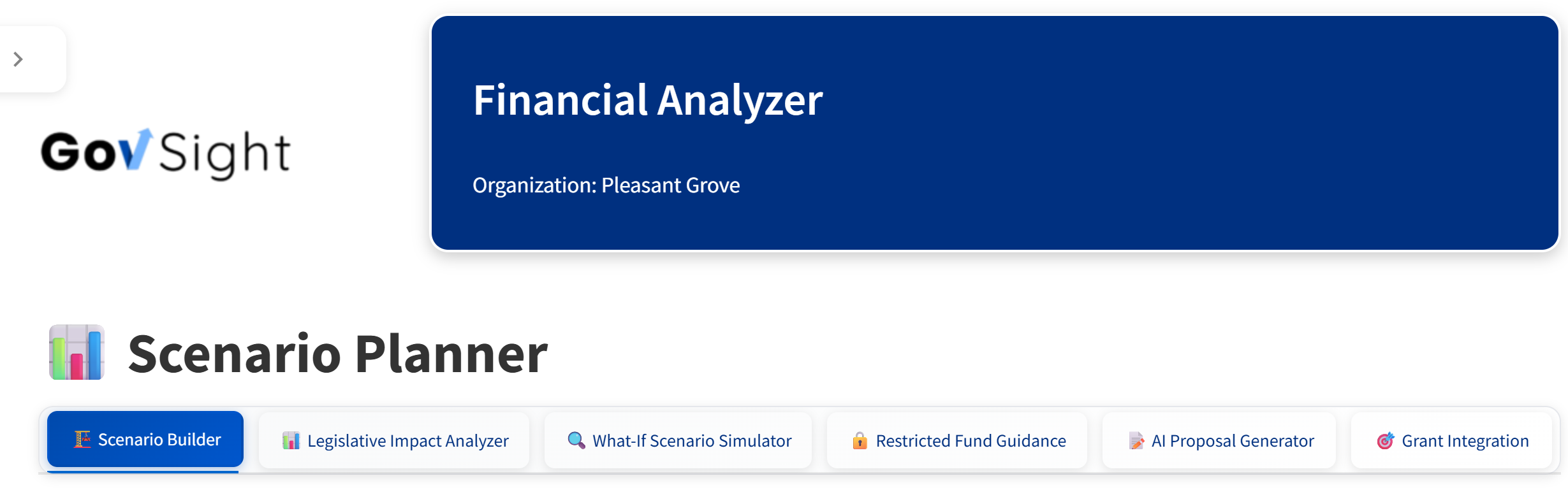 GovSight Scenario Planner screen, showing the Financial Analyzer module and scenario builder tabs